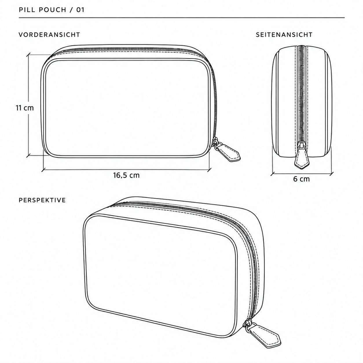 Vorder-, Seiten- und Perspektivansicht: Breite 16,5 cm, Höhe 11 cm, Tiefe 6 cm