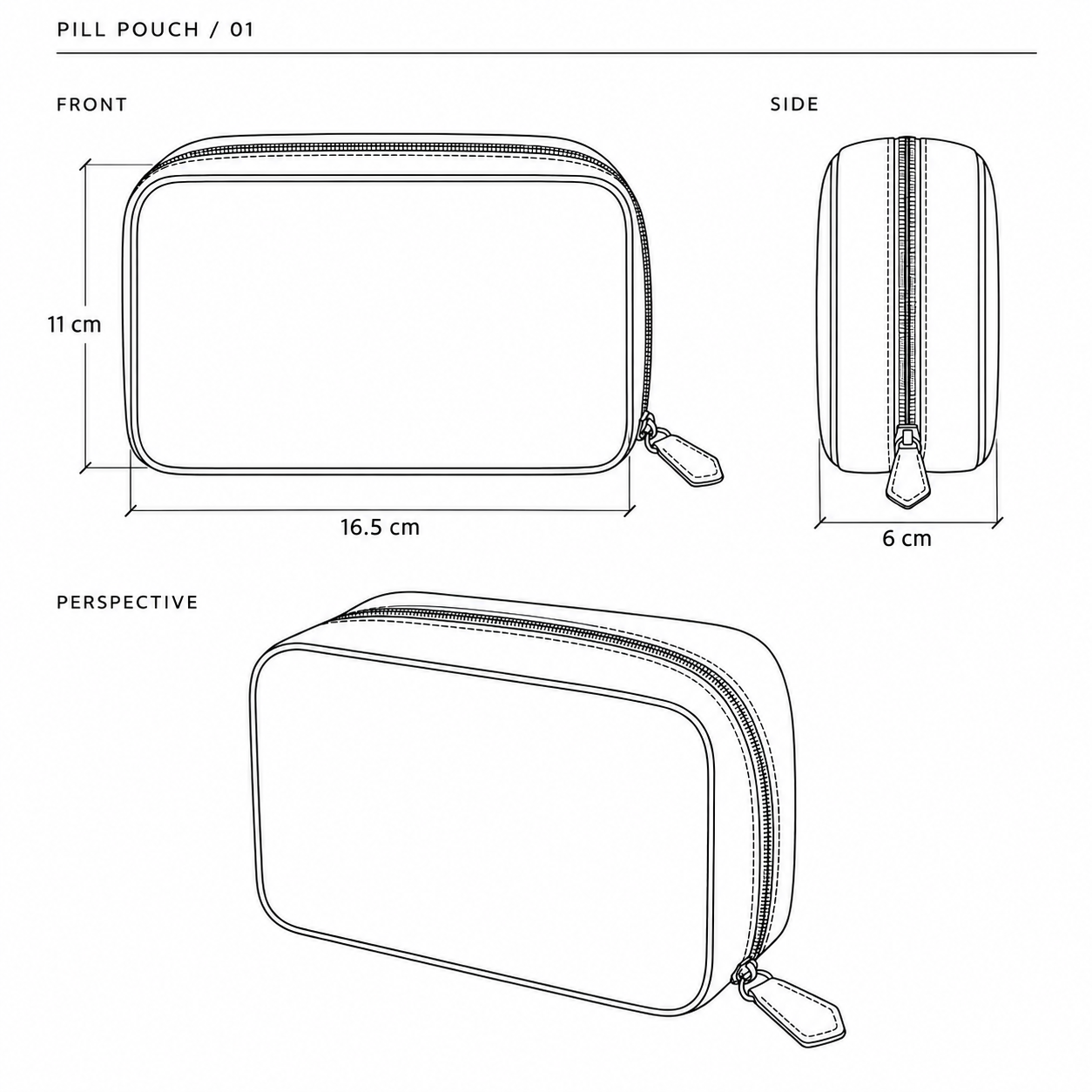 Front, side and perspective drawings: width 16.5 cm, height 11 cm, thickness 6 cm